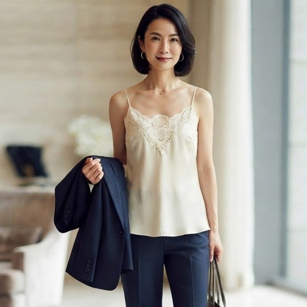 Cabi Lace Trim Camisole M Cream Spaghetti Strap Satin Luxury Tank Top Coquette